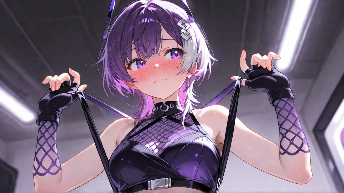 Girl。Short Hair。The eyes are head。Purple Hair。Flat Chest。A pose that emphasizes the armpits。A little erotic。Eye color: black。Rock costumes。