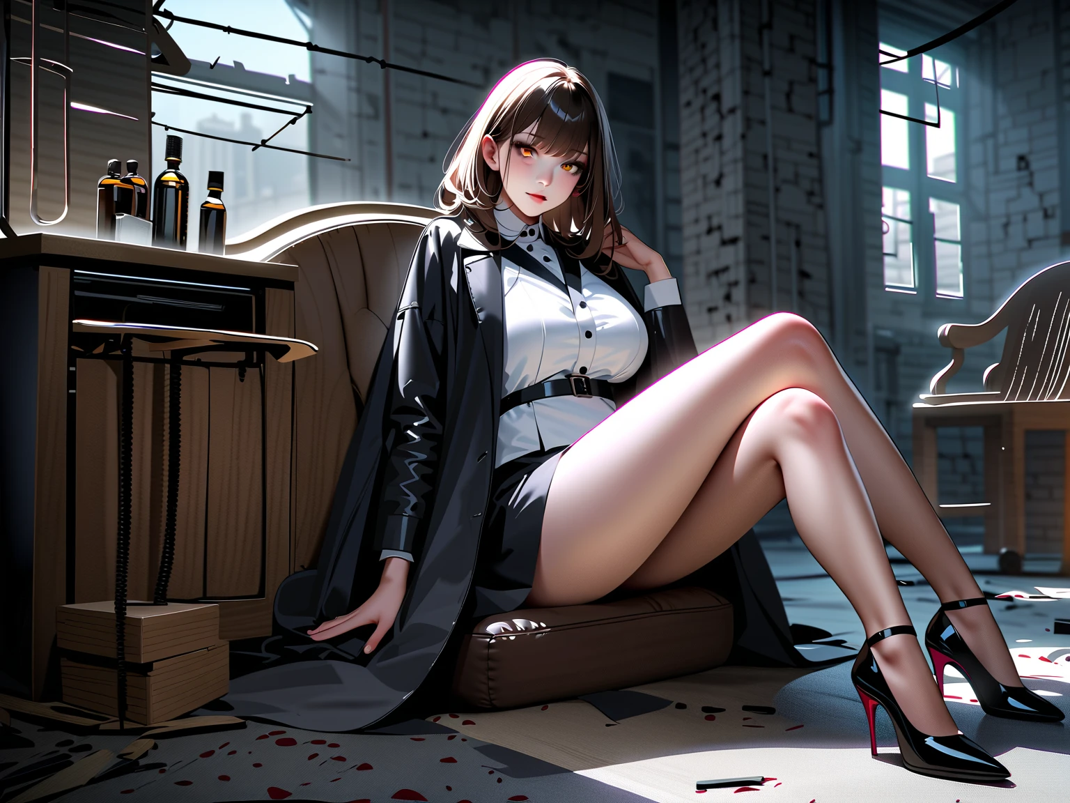 A woman smoking a cigarette with her legs crossed against the backdrop of city lights at night。Black Hair。Ultra mini skirt in leather。Angry expression。looking at the camera。