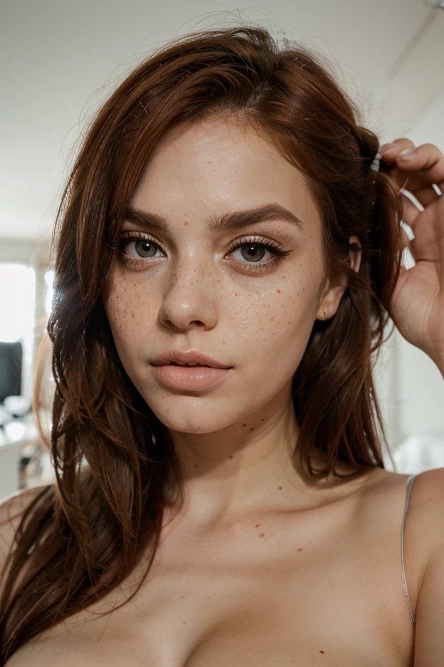Pretty beautiful Serena in a selfie shot, 25-year-old, 1.76 meters tall, measurements 95-60-90, who expresses charm, sensuality and elegance in her poses, big fluorescent green eyes, magnetic gaze, freckles, two buttery and big red fleshy lips, very long ultra red hair, full-bodied and wavy, make-up natural with particular emphasis on the eyes and lips, wears an extra-large white men's shirt that reaches up to her thighs with nothing underneath, and accessories that match the color of her ultra red hair.