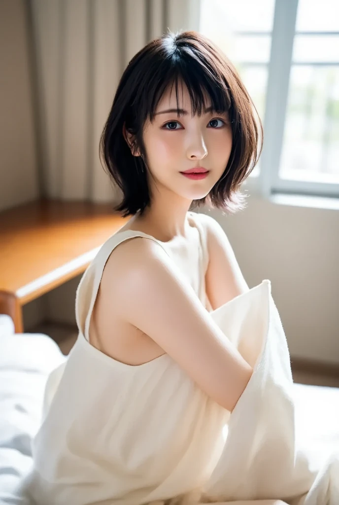 (RAW Photos), (Realistic), (masterpiece), (highest quality), High resolution, 8K resolution, (Intricate details), (Volumetric Light), Portraiture, woman,, short hair, Straight hair, Layered Hair, Brown haired, Highly detailed eyes, Source order, Very thin eyebrows, Highly detailed skin, Highly detailed mouth, Highly detailed nose, Cute like an idol, smile, ((Thick lips)), ((Look at the viewers)), (Elegant blouse)、Cleavage、Cleavage、The color of the clothes is up to you、The color of her underwear is see-through black、Nipples are visible,nsfw,