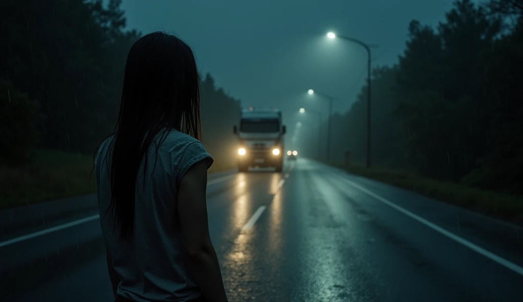 punk rock style girl with closed eyes sleeping wearing shorts is sleeping inside a car theres a windown next to her with raindrops, night light cinematic