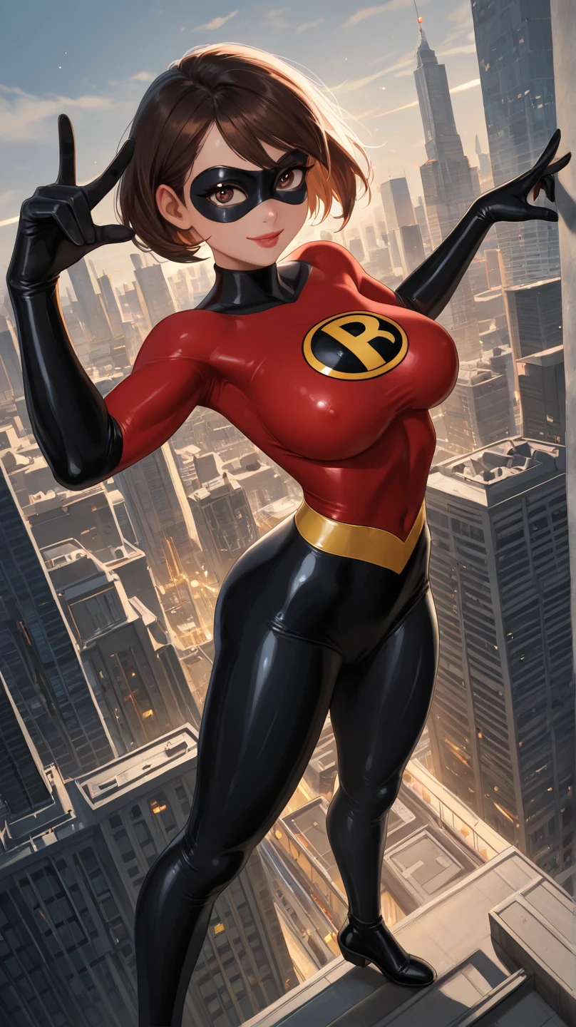 (masterpiece), best quality, depth of field, 1girl, solo, looking at viewer, smilling,breasts, helenparr, domino mask, mask, bodysuit, elbow gloves, thighhighs, thigh boots, wide hips, sitting on bed edge, legs crossed, at the kid's bedroom