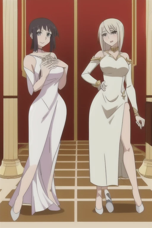 best quality,masterpiece,looking at viewer,absurdres,1girl,score_9,score_8_up,score_7_up,source_anime BREAK sasha,green eyes,purple hair,long hair,large breasts,white dress1,dress,gold necklace,bare shoulders, bare breasts, bare nipples, show armpit, seduce face with smile
