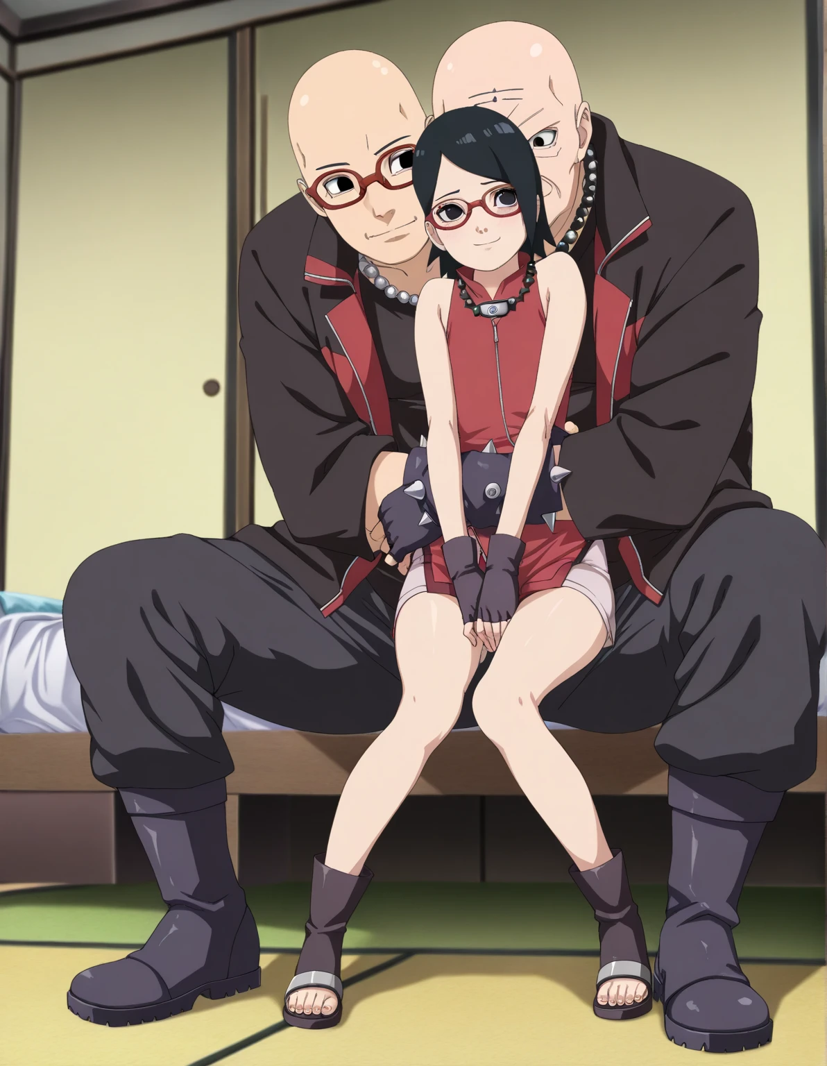 score_9, score_8_up, score_7_up, source_anime, sarada uchiha, short hair, black hair, black eyes, red-framed eyewear, glasses, swept bangs, looking at viewer, eye contact with viewer, smile, (smug:0.8), closed mouth, light blush, bare shoulders, bare arms, bedroom background, arm up, raised arm, arm behind head, armpit, flat chest. BREAK naked 1boy, penis, faceless male, carrying, vaginal_sex, from below, legs up, legs on another's shoulders, bald male, faceless male, bigger male BREAK nighttime, (fantastic:1.2), window