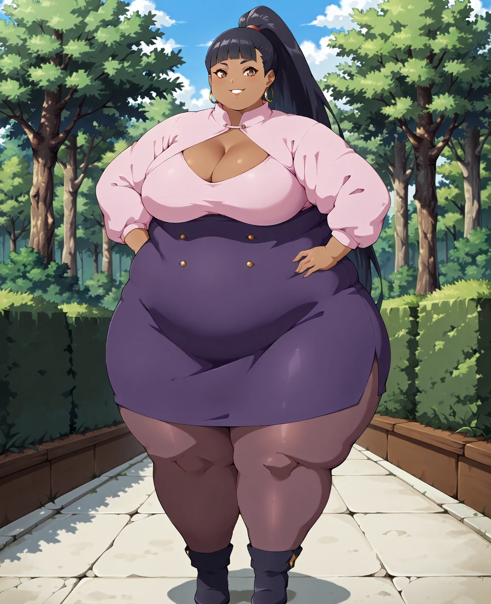 haylin, haylin, black hair, blunt bangs, ponytail, very long hair, brown eyes, dark skin, hoop earrings, bottom lip, purple pacifica outfit, cleavage, long sleeves, pantyhose, breasts, wide hips, thick thighs, full body, 1girl, solo, solo female, score_7, score_7_up, outdoors, smiling,