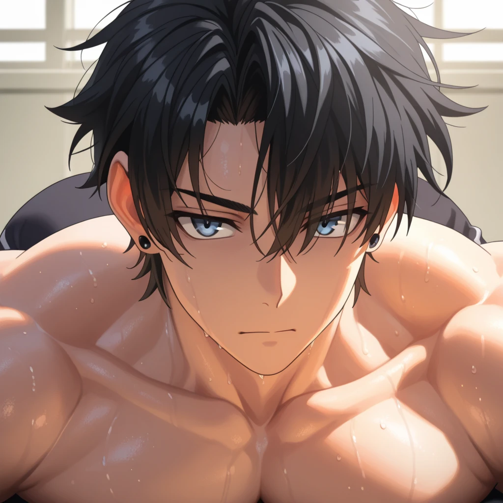 Angle from below,male, 30 years old,male1 person、,Adult,A sadistic atmosphere,Black Hair,Sharp Eye,Lewd Eyes,Take off your shirt,Face close-up,sweating,,smile,Background: dark sex room, intimate lighting, imminent sex, muscular, athletic build, bara, shirtless, lewd, horny look, pectorals showing, abs showing, sleeveless, no tie, one arm reaching to viewer, dark lighting, black thong, very sweaty, bdsm, naked, wet body, strong muscular back, strong muscular chest, contrasting light, dark room, tears, tear drops, condesation on skin, many droplets on skin