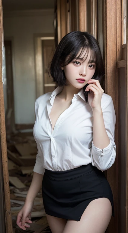 best quality, masterpiece, (lifelike:1.4), 1 girl, faint smile, collared shirt, waist up, dramatic lighting, from below