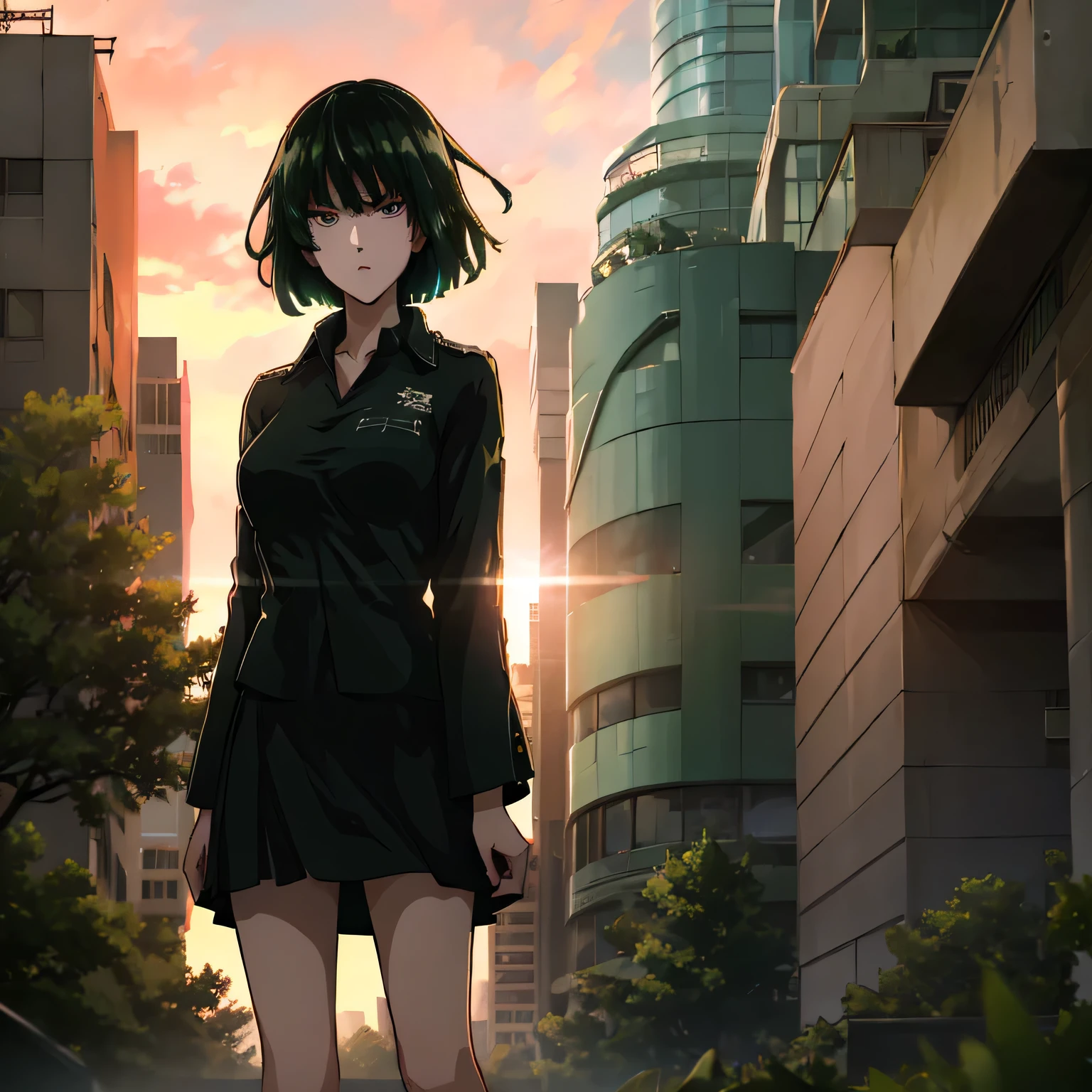 Anime、High Definition、high resolution、masterpiece、short hair、woman staring at you、angry amidst enemies、green hair、RED EYES、Heavy Rain、Night City、cyberpunk、neon sign、see-through blouse that makes you shiver at the height of sexual desire、white mini skirt with green book、subway entrance、big street tree、angry amidst enemies、red short jackets、cyberpunk、neon sign、