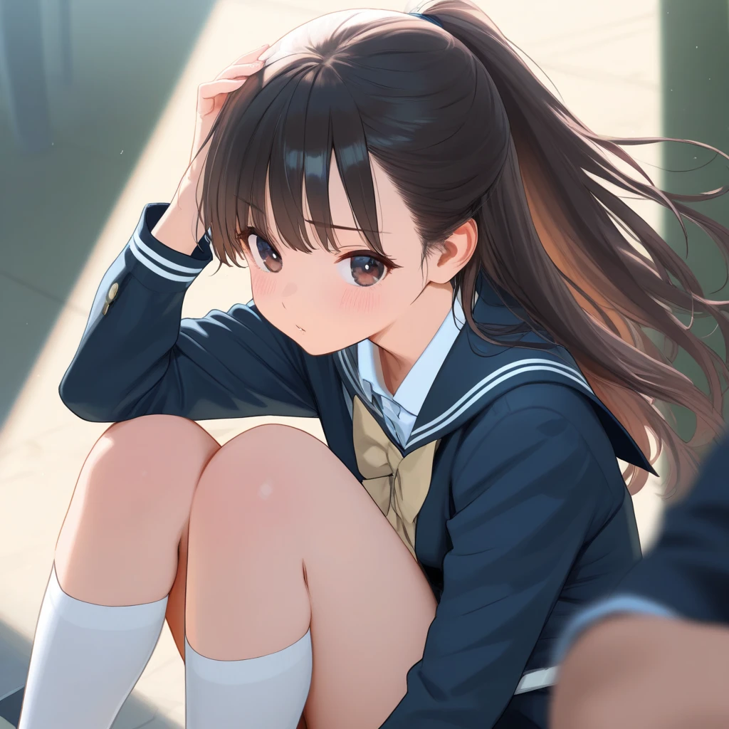 Anime girl sitting cross-legged on a chair in the classroom, a hyperRealistic , Anime girl crouching, Beautiful anime school girl, hyperRealistic , Cute girl anime visuals, Beautiful anime girl crouching, Smooth anime CG art, Realistic , Cute Anime Girl, Anime Moe Art Style, Anime Best Girl