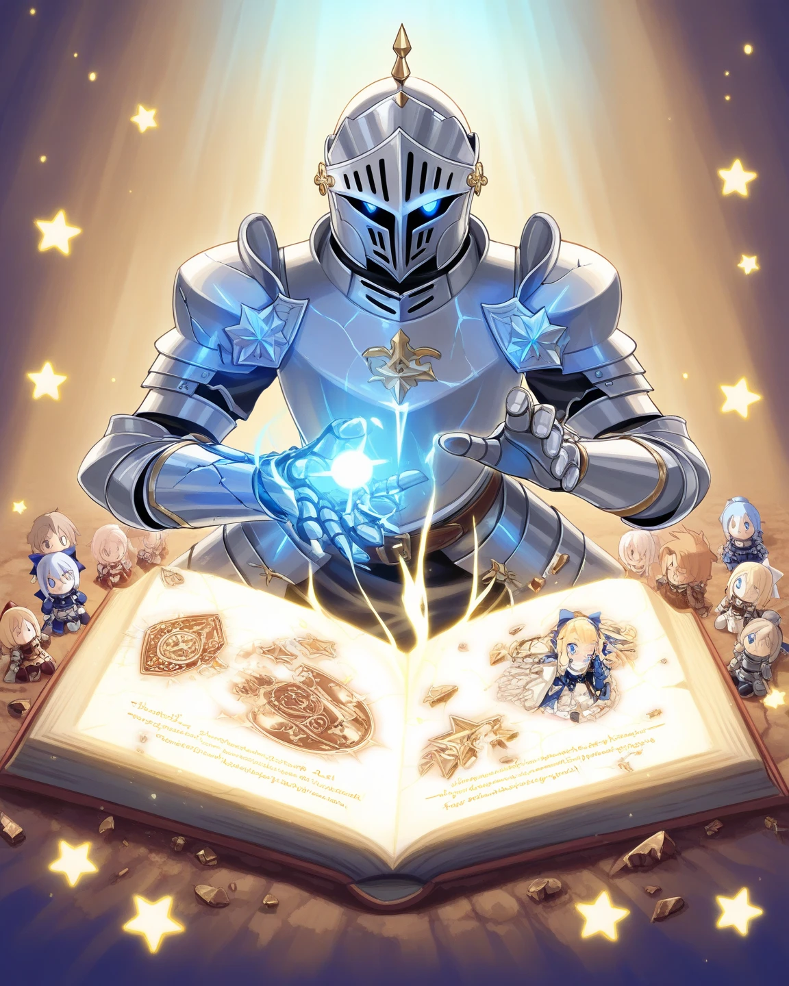 Boy in medieval armor, helmet, shield and a book in hand interconnected to the heavens, connection to a throne above, Galaxy, enemy ahead huge strong opponent with fire and hatred holding a sword, universe, might, Great Battle in the Heavens with multiple beings battling each other, Darkness against Light
