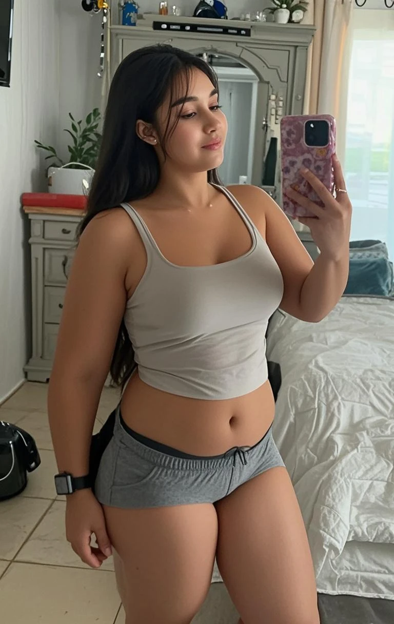 creation of an authentic selfie of the same young Latina. She holds the phone with one hand., vistiendo una sudadera negra con una trenza que cae sobre su hombro derecho. The image shows the background of a room with a light blue bed., illuminated by a warm lamp. En la mesita de noche puedes ver cuatro libros cuidadosamente apilados.. The scene is bathed in warm lights that highlight the naturalness of the scene...
