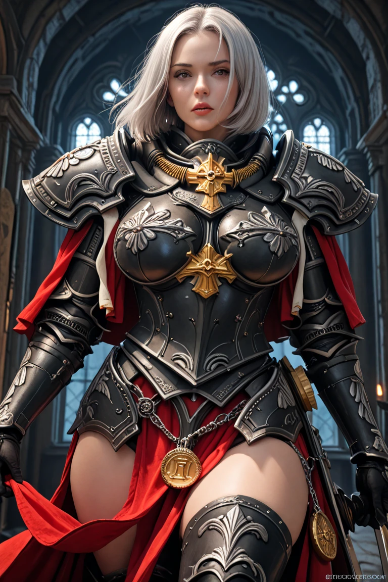 Masterpiece, (flat black background:1.2) solo, detailed face, intricate iris, thick lips, robot girl, (gold and white skin), realistic illustration of a (cyborg girl), (RED eyes), IvoryGoldAI, (freckles),(holding BREATHTAKING:1.2), (gold and white armor:1.2), (looking at viewer:1.2), parted lips, standing straight symmetrical, looking at viewer, lustful smirking smile face red blushed red cheeks, thick thighs, thigh highs, thigh, boots, armor, armored boots, full body armor, bikini armor, big breastplate, pauldron, bracers, leather black choker, tiger claws gloves, short bob white haircut, helmeted, metal shoulders, red long loincloth, longest blue cape reach to the waist, shackles and chains wristbands