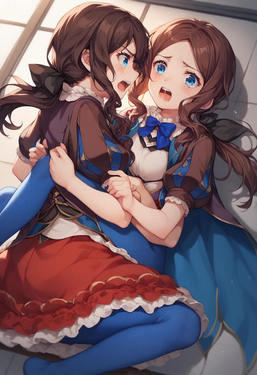 One girl, blue eyes, Long Hair, Brown Hair, Side Lock, Low Ponytail, ribbon, dress, White shirt, Puffy sleeves, Short sleeve, Red Skirt, Cape, Blue Pantyhose, ,Young Girl,From the back,Intense penetration sex,Creampie Sex,Rape makes me feel good,At the peak,