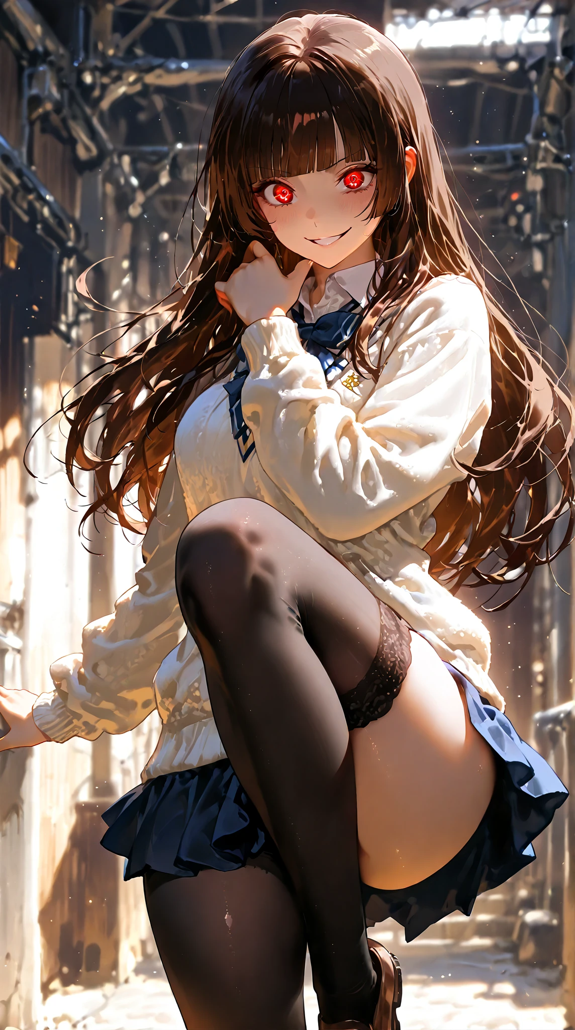 Browsing Caution,(Highest quality, 8k, masterpiece:1.3,beautiful girl), (Very detailed)Glowing Skin,(((Long Hair,ponytail,Blue Ribbon,Beautiful Hair))),(Perfect Anatomy, Anatomically cまたはrect, Very detailed肌),((Golden Eyes,Droopy eyes,Narrow eyes,Thick eyebrows:1.2)),((Perfect Fingers,Five Fingers)), Mole under the eye,Double teeth,Big Breasts,Big Ass,high school girl,Very smiling,((Off-shoulder white sweater:1.2,Black and white plaid mini skirt:1.3,Pink Panties,Pink T-bag)),walk,Port town,Beautiful night view,((Shiny Earrings,small diamond necklace)),Place your arms behind your head,Wink、Throw kiss,(((Natural Makeup))),Angle from below,Climbing the stairs