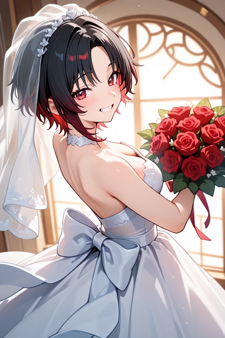 <lora:Diives_Style:0.8>,((masterpiece,best quality)), absurdres, <lora:Kitasan_Black_Umamusume:0.8>, Kitasan_Black_Umamusume, animal ears, short hair, streaked hair, hair ornament, medium breasts, horse tail, cleavage, wedding dress, bridal veil, christmas,holding bouquet, solo, smiling, looking at viewer, cowboy shot,