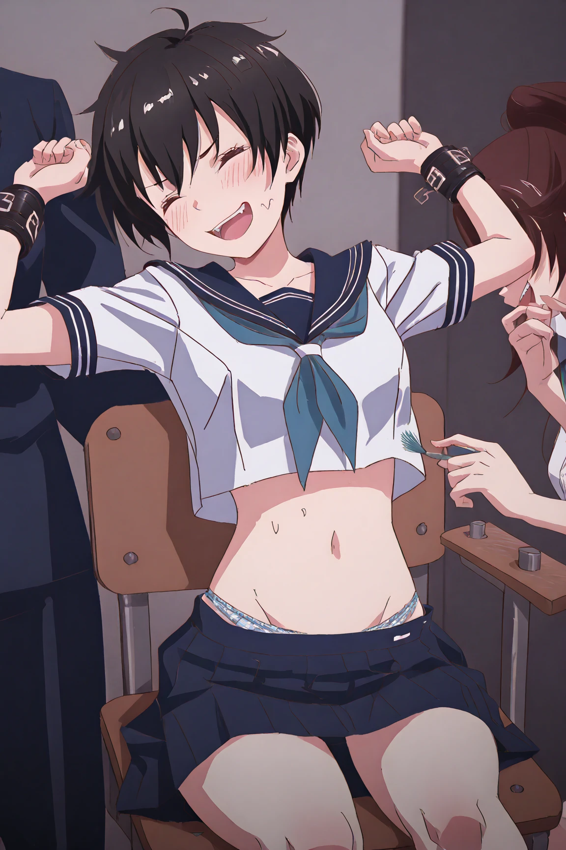 Highres, Masterpiece, Best quality at best,Best Quality,hight quality, hight detailed, Anime style, 1boy, Shota, bangs, Tie, Sleeveless vest, cafe, Seen from the front, look at viewer, (very young boy), (very small and short body), s, Such a cute smooth armpit, The boy is very tempting, Cute armpit, sexy armpit, beautiful armpits, seductive armpits, a Boy cutely shows his armpit, hansome boy, Sweat, Uhd, 4k wallpaper