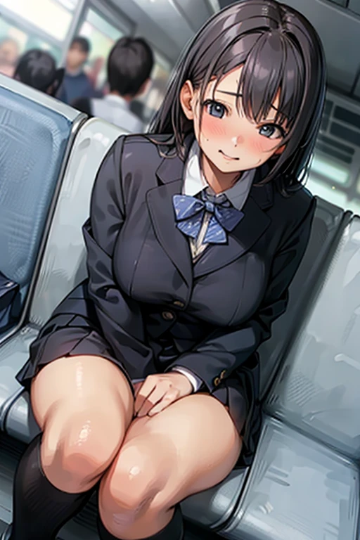 masterpiece, best quality, very aesthetic, absurdres, 1girl, school girl uniform, black color hair, legs apart, sitting on seat, panties, in train, key visual, highly detailed, looking at viewer