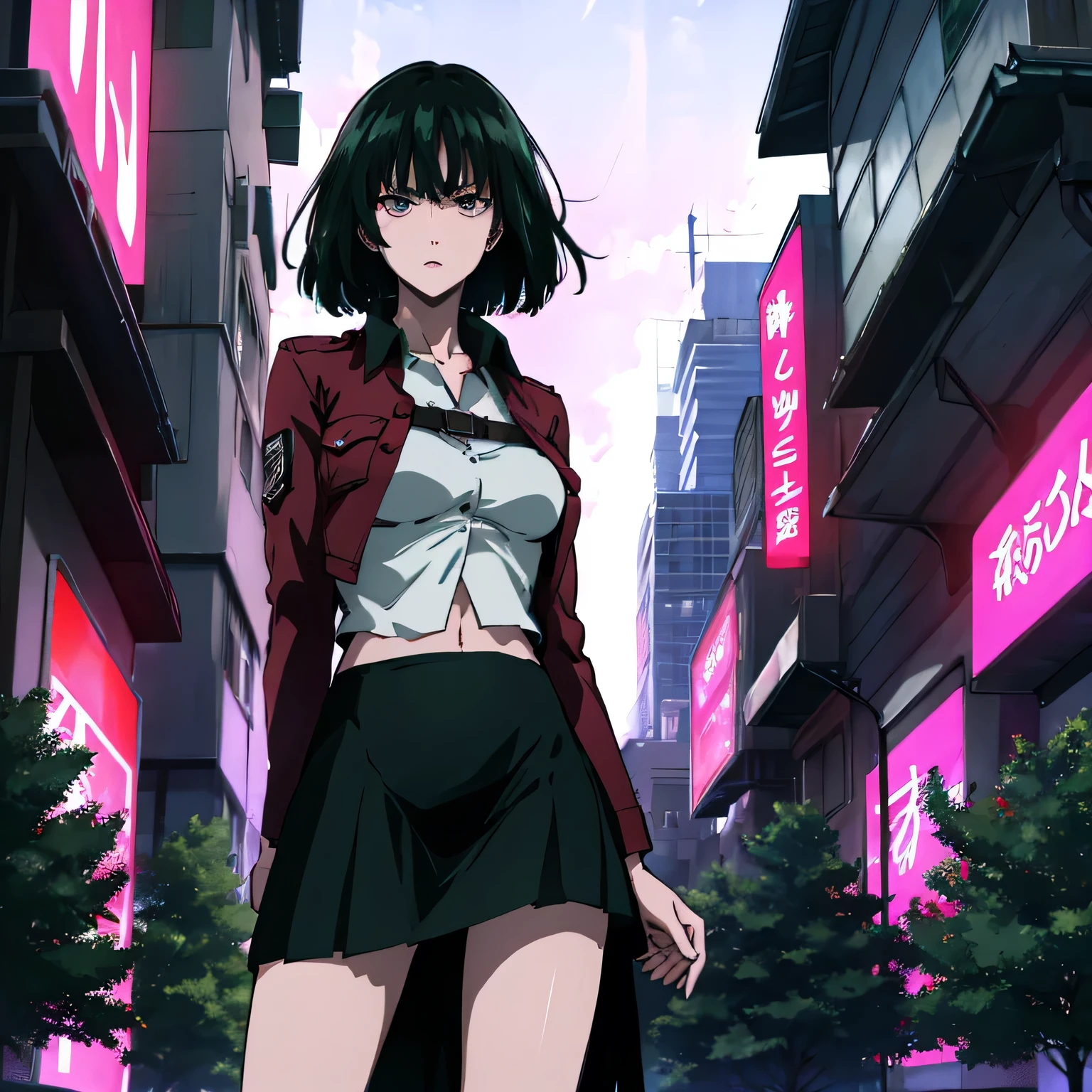 nsfw、Anime、High Definition、high resolution、masterpiece、short hair、woman staring at you、angry amidst enemies、dancing、green hair、RED EYES、Heavy Rain、Night City、cyberpunk、neon sign、see-through blouse that makes you shiver at the height of sexual desire、white mini skirt with green book、subway entrance、big street tree、angry amidst enemies、red short jackets、cyberpunk、neon sign、