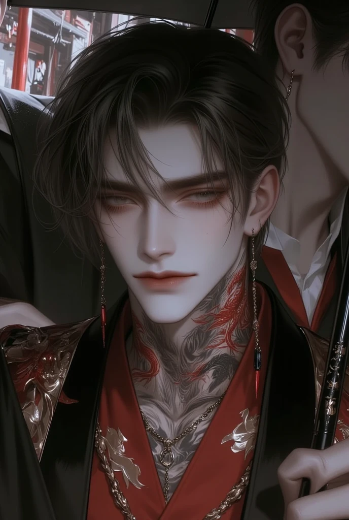 an extreamly beautiful young man lying on the old traditional Chinese bed, beautiful eye, long lashes, messy long black hair, loose traditional Chinese cloths, raise one arm above head, coloful shade, hiquality, masterpiece, higly detailed