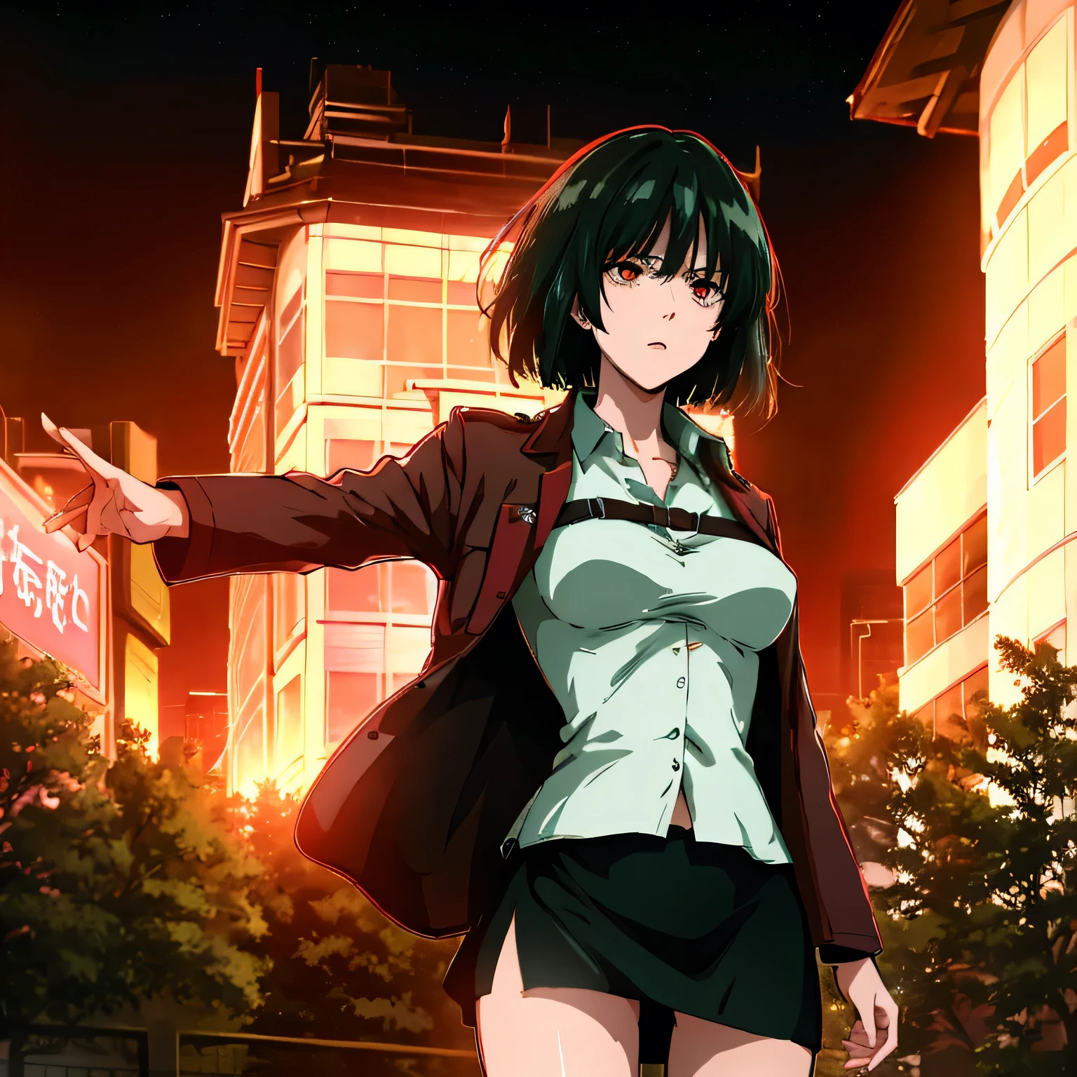 nsfw、Anime、High Definition、high resolution、masterpiece、short hair、woman staring at you、angry amidst enemies、dancing、green hair、RED EYES、Heavy Rain、Night City、cyberpunk、neon sign、see-through blouse that makes you shiver at the height of sexual desire、white mini skirt with green book、subway entrance、big street tree、angry amidst enemies、red short jackets、cyberpunk、neon sign、