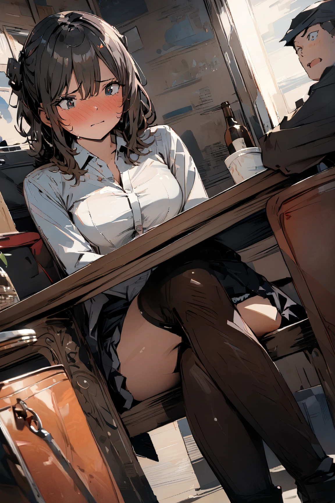 NSFW,Office Worker,The shirt,Dressing,short-hair,smelly stockings,studio,A messy room for a woman living alone,((drinking beer)),(((perspiring))),(((steam))),(((drunk)))