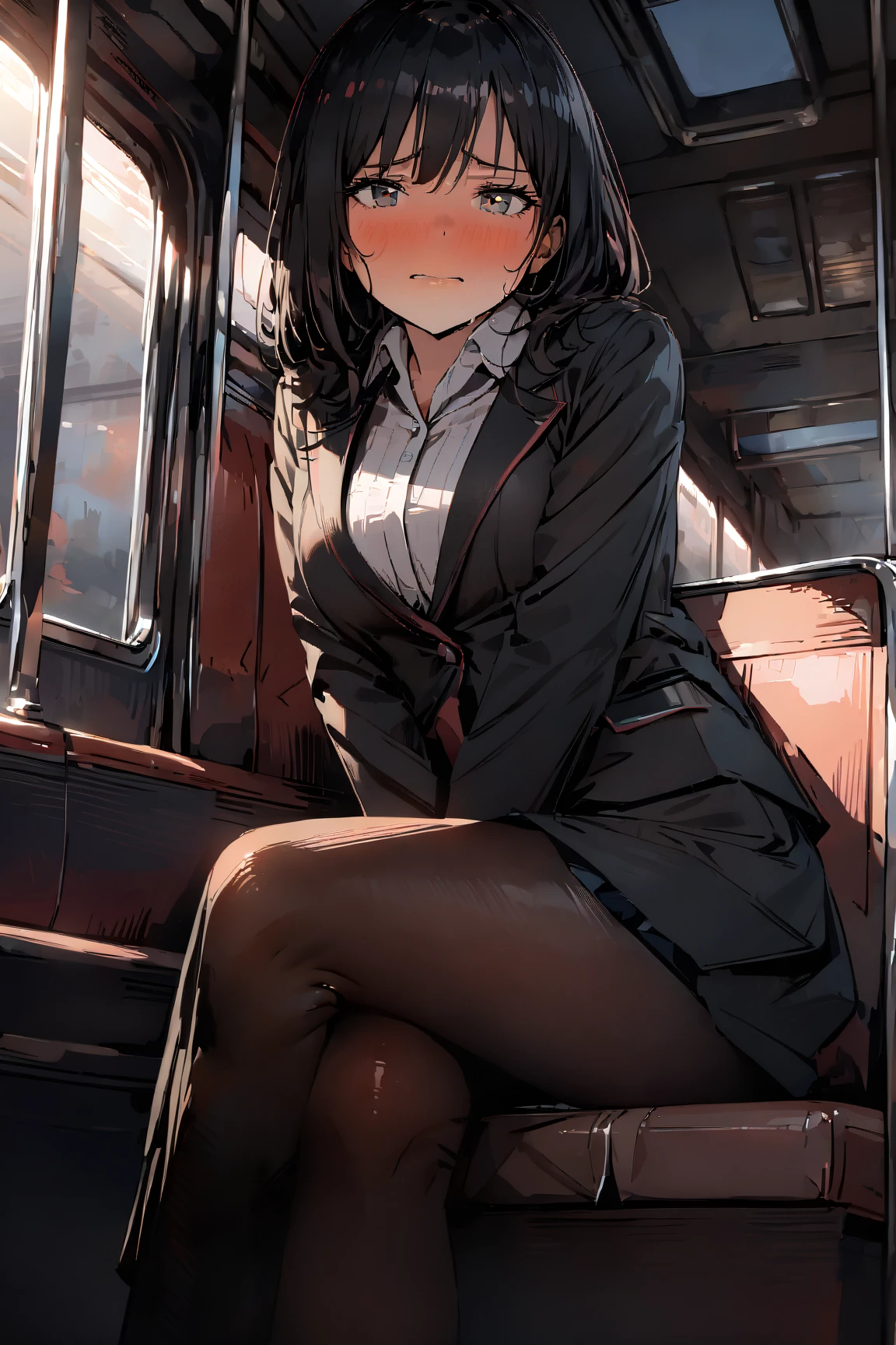 ((masterpiece,best quality)),nsfw,((vaginal penis:1.2)),(1man and 1woman,having sex:1.2),Missionary,1woman solo,cowboy shot,20 year old beauty、black hair,long  hair,blunt  bangs,black eyes,crying、clenched,ideal ratio body proportions,slender body,medium breasts,gleaming skin,Perfect Anatomy:1.3,arms behind back,sitting,(spread legs:1.5,orgasm),sweat:1.2,orgasm,wet crotch,(black blazer jacket、white shirt、open clothes,nipples,black tie、black tight skirt、mini skirt、vagina,wet crotch、thigh_gap, black_thighhighs),train、In the vehicle、black leather seats、congestion、Tokyo、