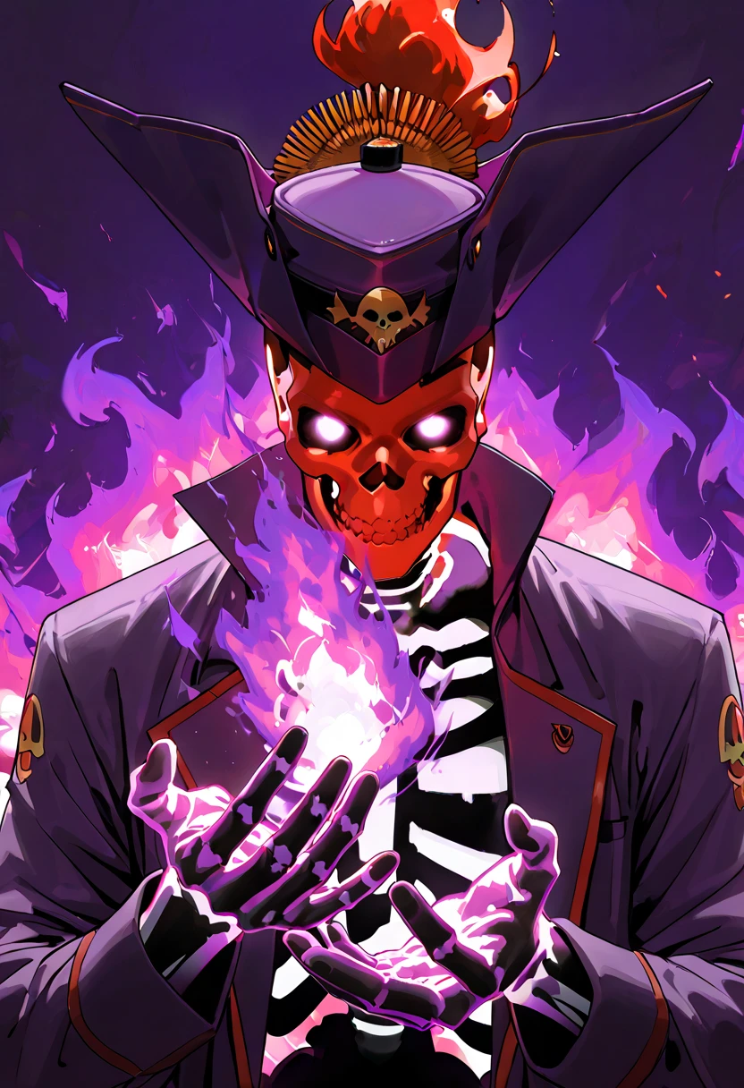 A guy who has no face, no eyes or nose, but has a mouth full of sharp teeth, he wears a blue overcoat, yellow fedora and a red scarf around his neck. Helluva boss Style, Hazbin hotel Style, his skin is flourescent blue.