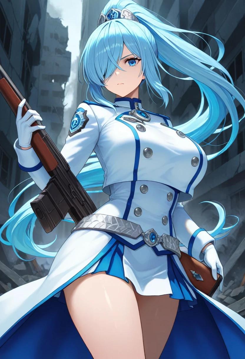 masterpiece, best quality, ultra-detailed, 1girl, school_uniform, white collared shirt, cyan hair, (cyan hair:1.1),brown eye, very huge breasts, (huge breasts:1.2), hoshino, pleated skirt, wear armor, bulletproof armor, (bulletproof armor:1.2), smile, happy