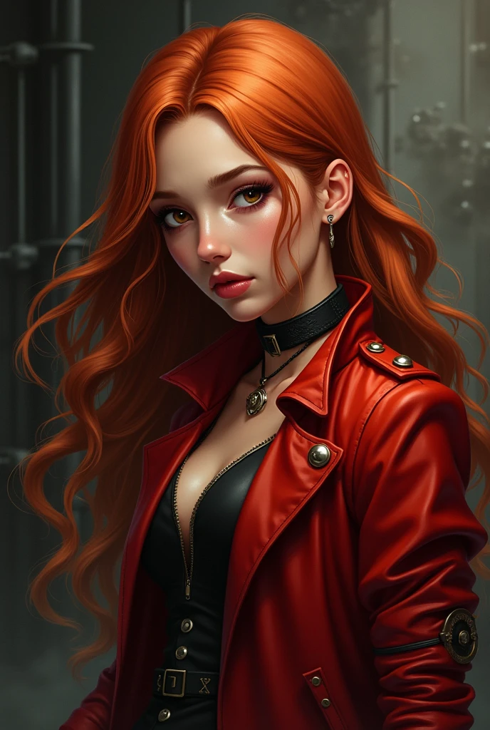 Sixteen-year-old female teenager, tall and with big breasts, white skin with freckles, orange-red hair and blue-green eyes. Wearing a black strapless dress under a red leather jacket