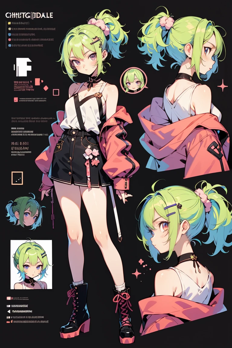 score_9, score_8_up, score_7_up, score_6_up, score_5_up, score_4_up, BREAK source_anime, 1girl, LONG black and green hair, goth makeup, peircings, emo, Creative design, full body, Reference sheet, Character sheet