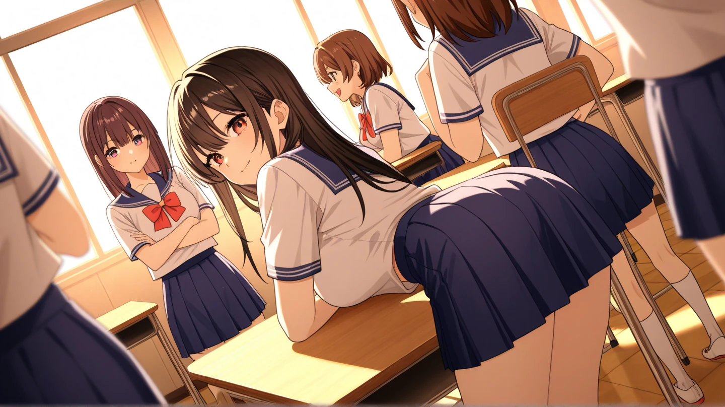 highest quality,((2 girls:1.5)), (cardigan)、eight-headed body, Put your knees on your chest:1.5, ((high school student)), ((classroom:1.5)), (White panties:1.5), Brown hair