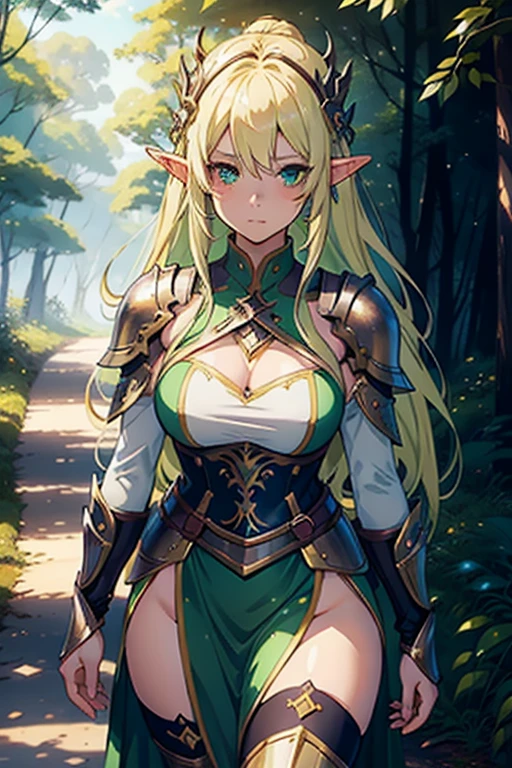 4K, Masterpiece, highres, absurdres, smiling,beautiful BikiniElfGirl, golden hair, forest background, War_Glam, a woman in body armor with leaves,armored, wearing War_Glam, elven jewelry, helmet,<lora:ElfWarriors:0.7>