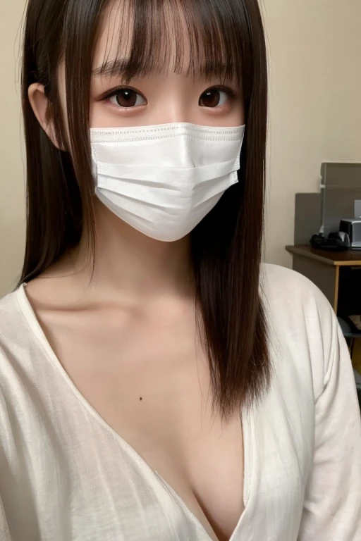 (8K, Raw-Photo, Photorealistic:1.25), masutepiece, Best Quality, Illustration, Ultra-detailed, delicate detail, Hight Resolution, 8K wallpaper, Perfect dynamic composition, Beautiful detailed eyes, Natural Lip, (Sexy grey knit dress:1.3), (((Huge breasts :1.2, and droopy breasts:1.1))), cleavage, perfect shiny skin, prefect skin, (((shiny white skin))), moist lips, Innocent Big Eyes, Detailed Eyes, walking, (from above:1.2), (wearing mask:1.2)