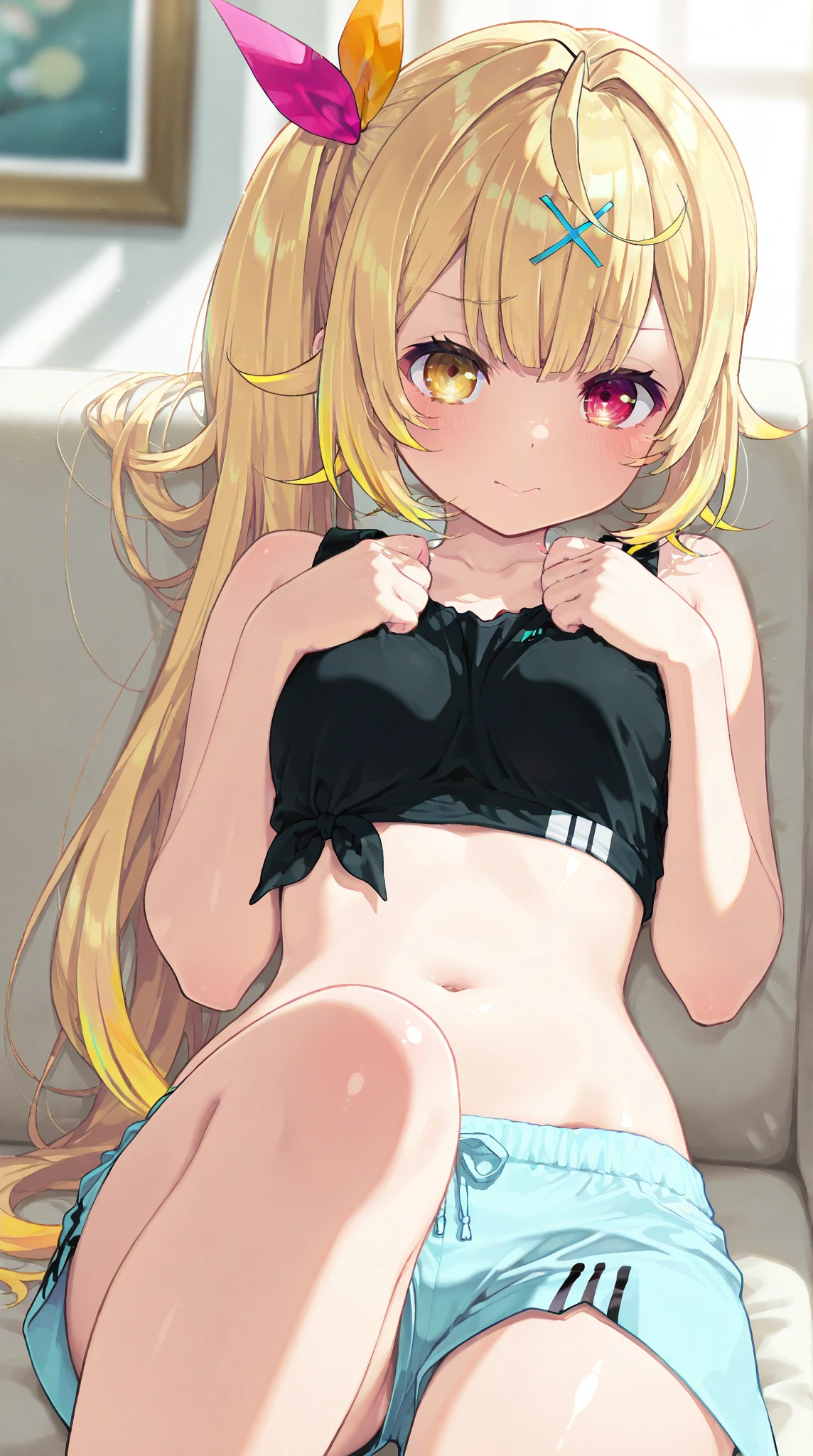 beautiful cute girl,(honey yellow hair:1.2),(random hair:1.1),(long hair:1.1),(light green eyes:1.2),(red cheek:1.0),(lace, camisole:1.25),((lace:1.2)),(underwear:1.25),close up of butt,(spread your legs:1.0),(hand inside underwear:1.15),(masturbation:1.1),(nsfw:1.0),(smile:1.1),(Selfie:1.2),((covering eyes with hand:1.0)),(antique study desk:1.3).
