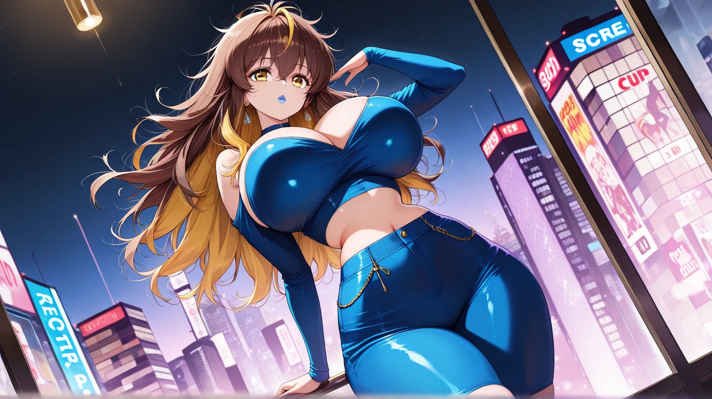 Highest quality、High resolution、Detailed Background、Beautiful face in every detail、Detailed facial expressions、Beautiful women in their 20s、Huge breasts、Brightly colored hair、Long Hair、Wavy Hairstyle、Cute Eye Makeup、Cute Lip Makeup、Perfect body line、Attractive ass、night、深night、 (A beautiful woman with a big smile, with a uniquely designed building in the background:1.5)、 Holographic laser rubber suit、The zipper opens completely and her breasts flap about.、Sleeveless、Accentuate your cleavage、 Low-angle close-up highlighting the lower body、Super close-up shot from directly below、Sexy High Leg、Super-detailed rubber suit、Show me your armpits、very beautiful