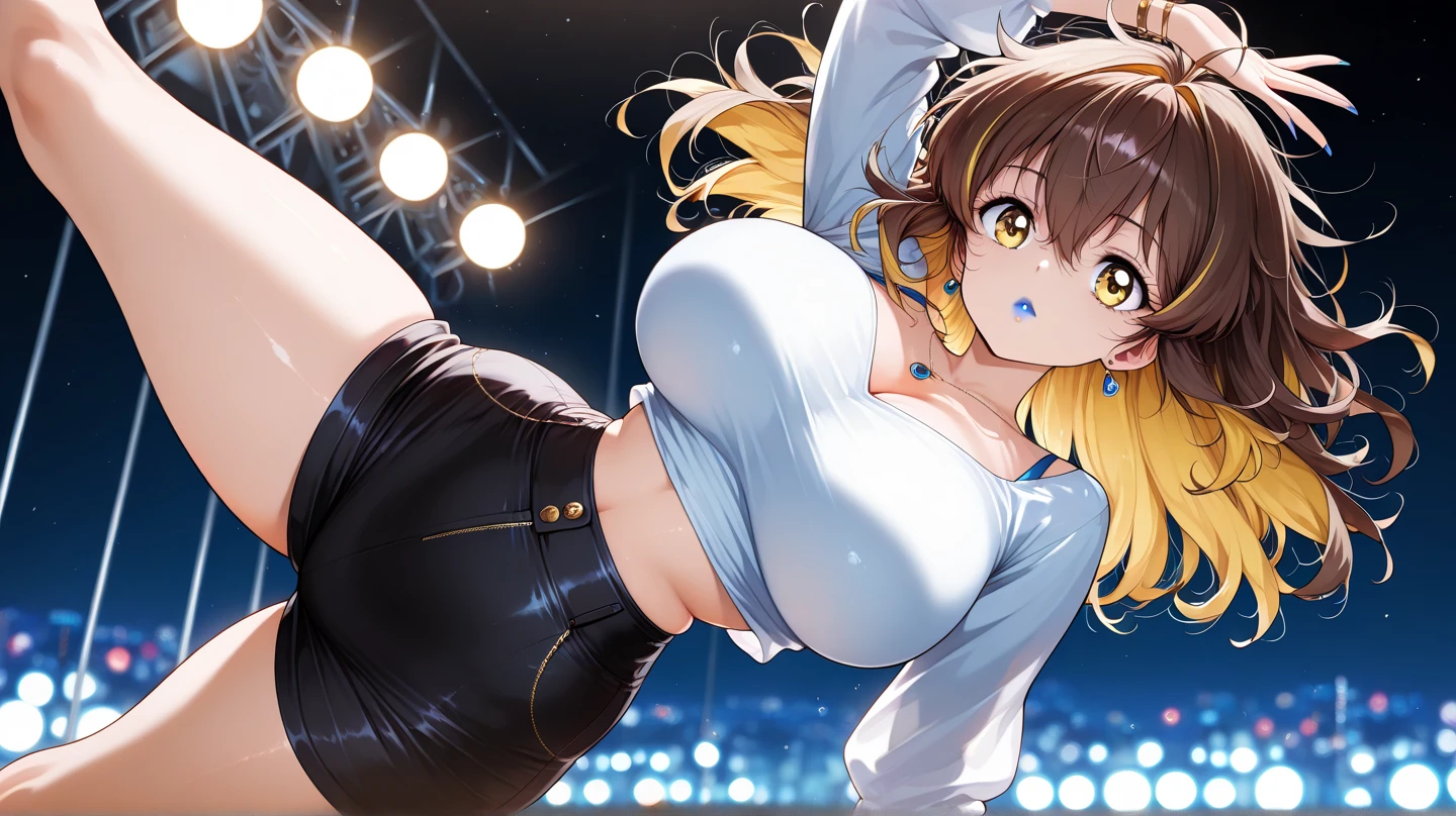 High resolution, high quality, One girl, Anime Girls,((At a live music venue)),stage,confetti,Idol,((sing)), dark brown hair,long hair,twintails,dark brown eyes,heart shaped pupils, Super big breasts,beautiful breasts, (Big Ass),beautiful ass,sweat,wet, Idolコスチューム,mini skirt,Laughter,Low Angle,