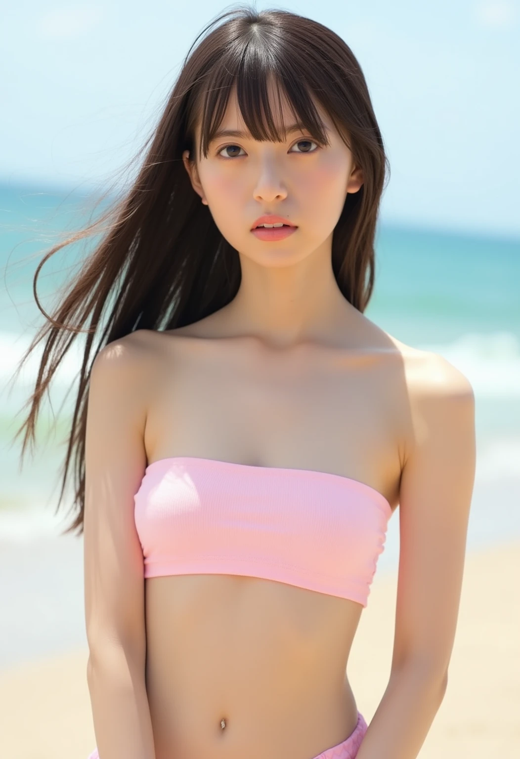 ((1girl)), in topless bikini, instant camera flash, pose at Summer festival, makeup with glossy lip, small breasts, bracelet, (girl in beach concert:1.4), various angle, ((face focus)), 22 years old, Beautiful Japanese Girl, standing pose, (nsfw:1.4), realistic light, realistic skin tone, Crowd, full of people