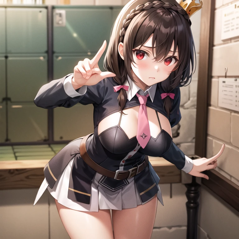 brown eyes, tan, tanlines, one-piece tan, hair ornament, brown hair, hair ornament, solo, fang, hair bobbles, short hair. two side up,, (large breasts:1.5), live stage, 11years old nipple blazer uniform, Blazer skirt, alone,