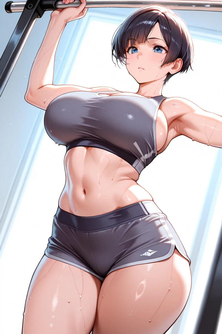 (Perfect body),Best Quality,masuter piece、(8K Portrait),(Official art)、(((Police Woman)))、(((Serious)))、(Glaring)、(:o)、(((blush))),(Sweat),((((large udder))))、((((Big ass))))、(Black hair),((bob cuts))、(Yellow eyes),(((thick thighs)))、(((((A Gray Sports Bra)))))、(((Gray sports panties)))、knee sox、adult woman、(Locker Room)、((((Chibi))))、spreading legs、(((posterior view)))