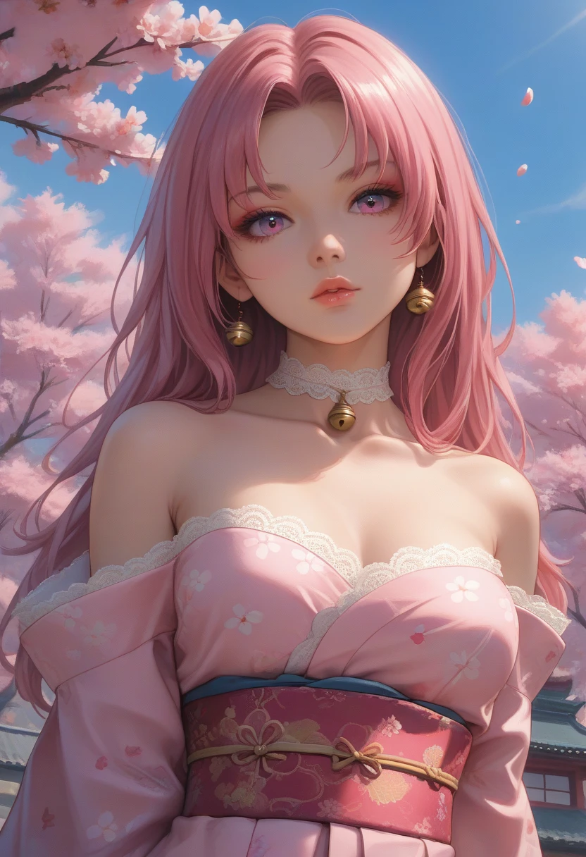 (large)A girl made up of cherry blossom petals, (realistic)beautiful detailed eyes, (realistic)beautiful detailed lips, flowing long hair, (vivid colors)pink and white color palette, (ultra-detailed)petal-laden dress, (physically-based rendering)soft, delicate texture, (soft)gentle and dreamy lighting, (ultra-fine painting)masterpiece:1.2