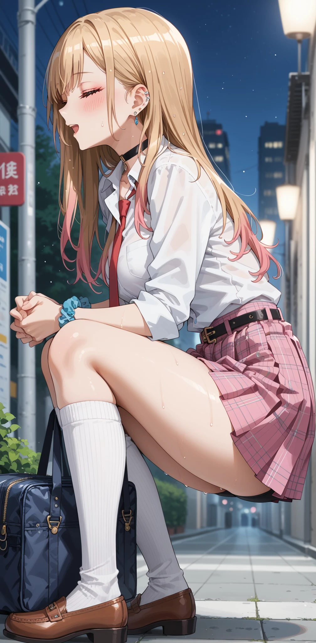 anime girl sitting on steps with her legs crossed ((masterpiece, Highest quality, High resolution, 超High resolution, Pixel Perfect, Written boundary depth, 4K, RTTX 10.0, Human Development Report))), 1 girl, single, alone, beauty、View the whole body、 ((Long Hair, Short Liuhai, Reddish brown hair)), ((blue eyes, Beautiful eyelashes, Realistic eyes)), ((Detailed face, blush:1.2)), ((Smooth texture:0.75, Vibrant质感:0.65, Vibrant:1.1, Anime CG style)), Medium chest, Perfect body, smile, attractive way to sit, Brewing tea in a teapot, (The wind makes my hair flutter,Exposing shoulders、Expose the chest) , It snows heavily at night、(((Showing panties:1.3)))、M-shaped legs:1.4 Highest, masterpiece, High resolution, (Head to toe full body view), front, frontやや下からの構図, Symmetric, Tall 1, alone, (Head to toe), (Small breasts), Unkempt brown hair,(White luxury lingerie), (Sit with your legs apart), (Crouching pose), (白いShowing panties構図), (Her legs were spread、I see your white pants.), (I was made to sit on the floor with my legs spread...),((((M-shaped legs:1.4))))
, Thin legs, A very beautiful and tall 1人, (No shoes), blush, Shy big eyes, looking at the camera, (((Blazer Uniform, Checkered Pleated Skirt)))、((Vulgarity)),