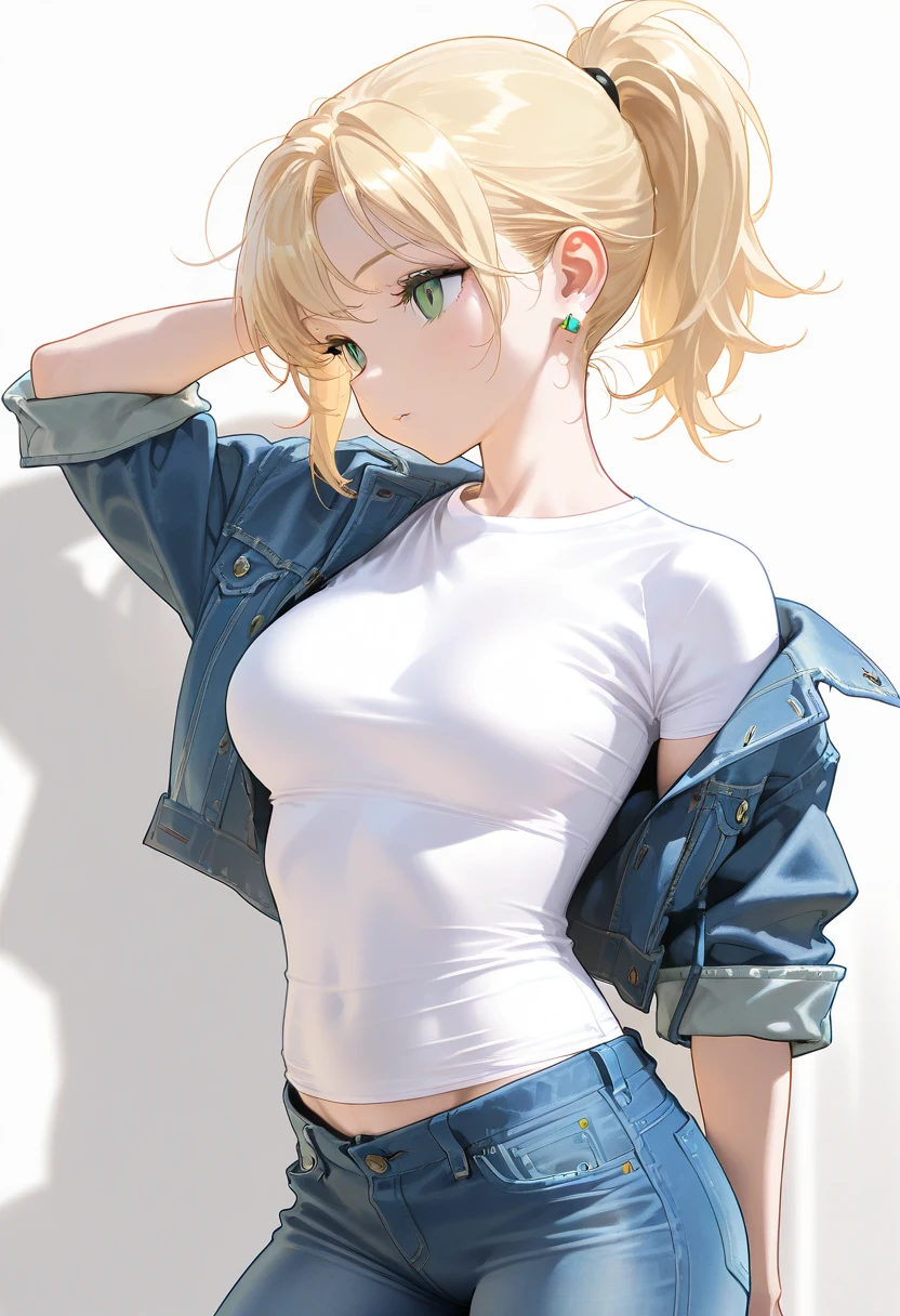 (masterpiece, best quality, cinematic, photorealistic, ultra-detailed), (1girl, Android 18), (wide shot, from behind:1.4), (wearing A fitted hanging  blouse and a very short and fitted shorts:1.5), (short blonde hair:1.5), perfect hands, perfect face, (wide hips, long round legs, sexy legs, round ass), (large cleavage, massive natural tits), (dark brown eyes, soft and shimmery eyeshadows, detailed pupils, defined eyelashes), (blushing, slightly parted lips, nude lips:1.2), (gradient background:1.3), (moaning face expression, arroused:1.4), (standing sensually:1.5)