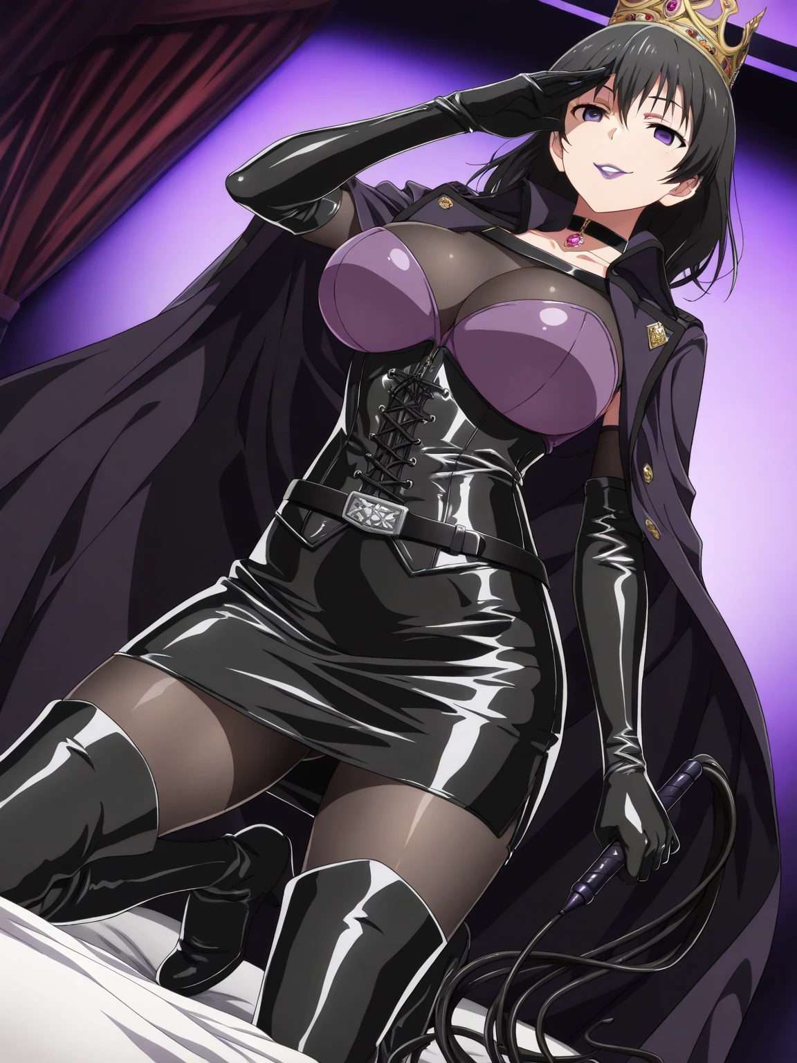anime character dressed in black with chain around his neck, turtle neck, shadow mage female, female fantasy Vampire, single character, rpg portrait, noble female, anime illustration, dark witch character, rpg, black hair purple gradien, yellow eyes purple gradien color, rosario earpierce, wolf cut hair, female, wolfcut hair, bigboobs, sexy pose, sexy clothes