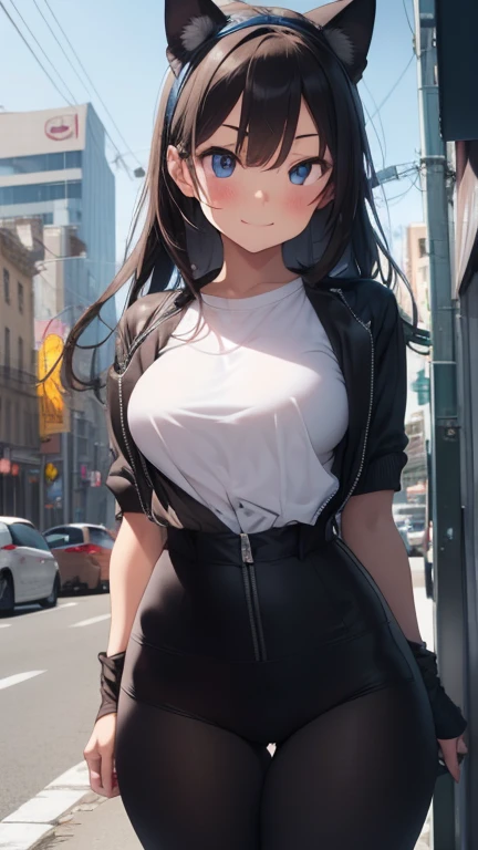 a woman, (realistic), (hyperrealism), (photorealistic), depth of field, eye makeup:0.5, (upper body:1.2), (narrow waist:0.7), looking at the viewer, casual outfit, at the city streets, topless