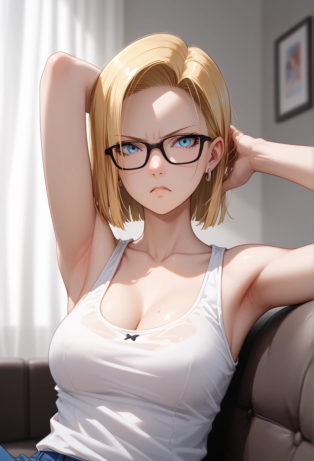 1girl, franja, ombros apertados, Corpo de Loli, Menina de 15 anos, blonde hair, short hair, olhos amarelos, seios, clivagem, boca sensual, seios pequenos, bunda de frente para o espectador, back to screen, sorrir, tenso, micro shorts 1.3, Ultra HD | | | | |, Imagem 4k, glasses, character near the camera, lightning clip in hair