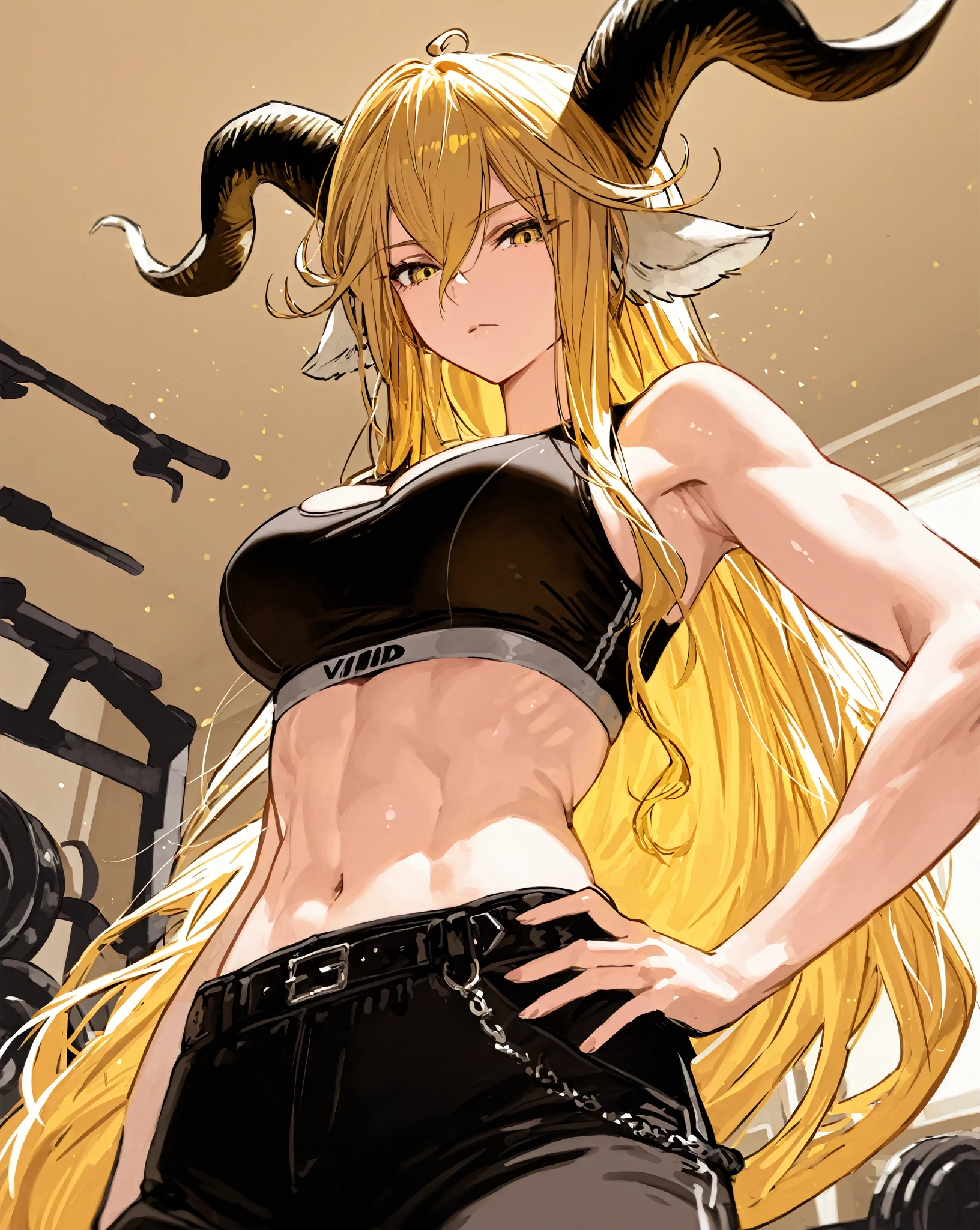 zumi, 1girl, breasts, solo, horns, long_hair, navel, yellow_eyes, animal_ears, looking_at_viewer, large_breasts, abs, blonde_hair, white_background, cleavage, goat_ears, simple_background, midriff, goat_girl, bare_shoulders, crop_top, stomach, black_gloves, hair_between_eyes, gloves, sports_bra, bangs, collarbone, upper_body, goat_horns, underwear, closed_mouth, very_long_hair