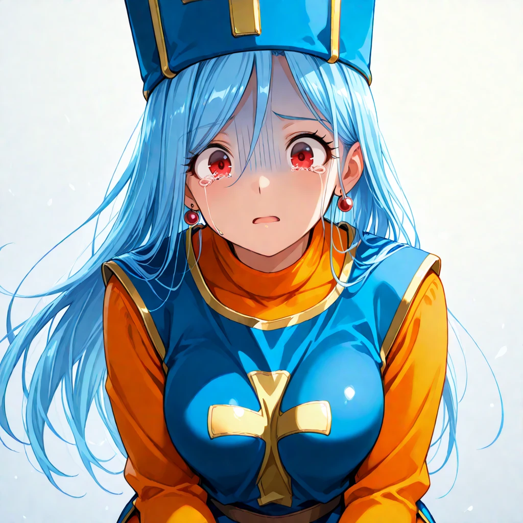 (pondering girl), (huge tits:1.2), (adventurer outfit:1.5), (white background), (jojo posing:1.2)