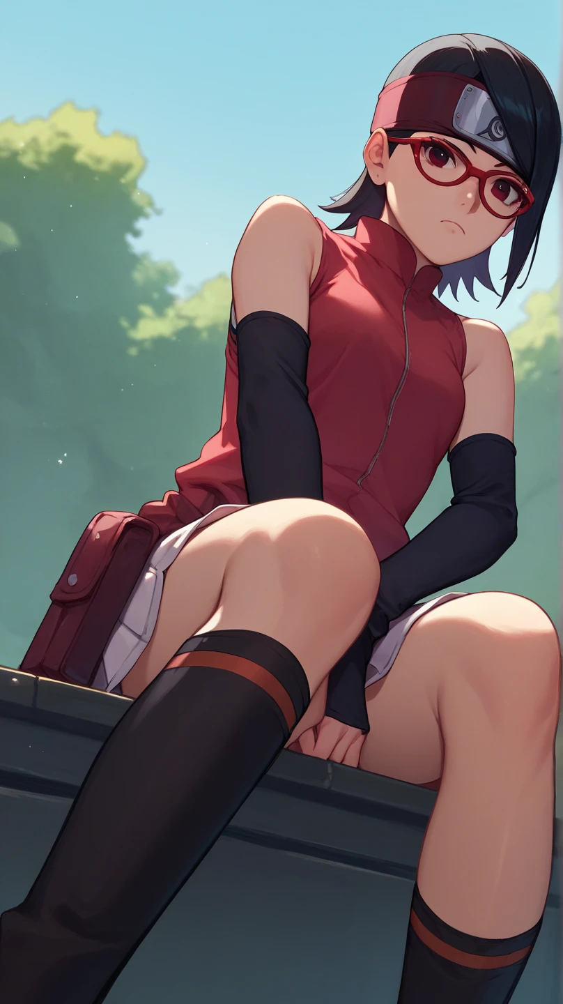 best quality,masterpiece,1girl,solo,(((NSFW))),(((9years old))),japanese girl,an extremely cute and beautiful girl,highly detailed beautiful face and eyes,petit,cute face,lovely face,baby face,shy smile,show teeth, black hair,short hair,Hairless pussy,flat chest,skinny,slender,(((wearing Sarada Uchiha costume))),(((lying in Konoha Village)),she is looking at the viewer,she is touching her pussy,(no panties:1.1),(legs spread wide:1.1),(no bra:1.1),(orgasm pose:1.1)