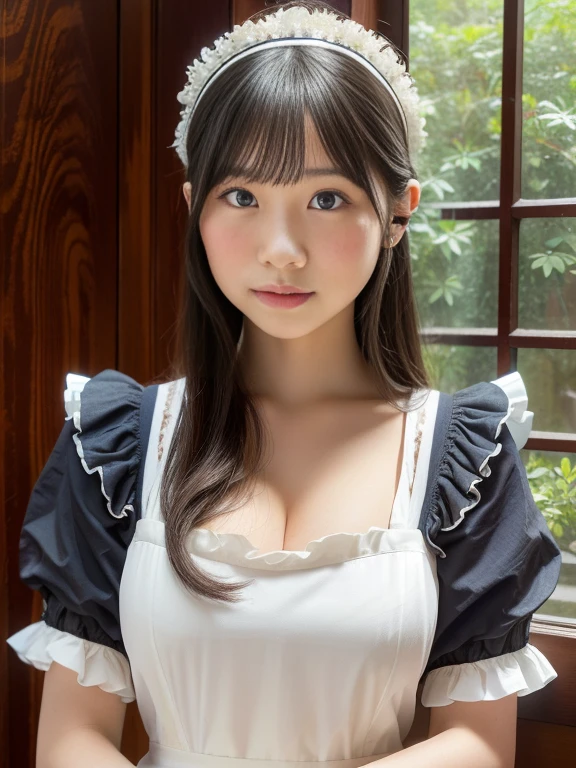 A 20-year-old maid with a cute face like an idol　Smiling Kindly　Maid clothes　Cosplay　Cleavage　Slightly large bust　Her breasts are tied up with rope, clamping them above and below.　In a dimly lit room　RAW Photos　Genuine　Real Stick　Raw photo