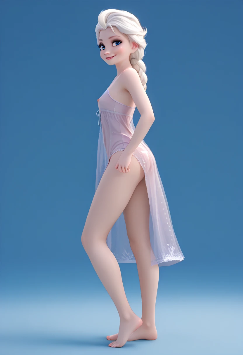 (masterpiece:1.4), (best qualit:1.4), (high resolution:1.4), elsa of arendelle, smile, bedroom, lingerie, hands at side, one raised eyebrow, legs, high heels, blushing, head tilt, cute